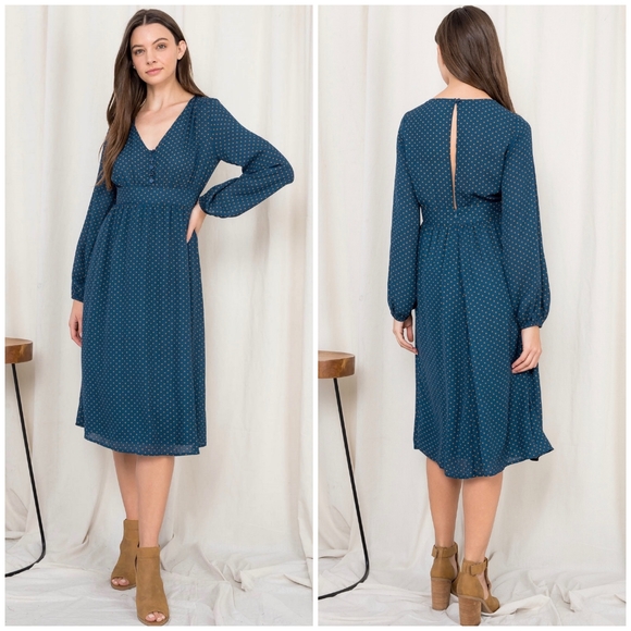 LAST ONE❗️ROKOKO Dark Teal Polka Dot Flowy Midi Dress - Picture 6 of 10